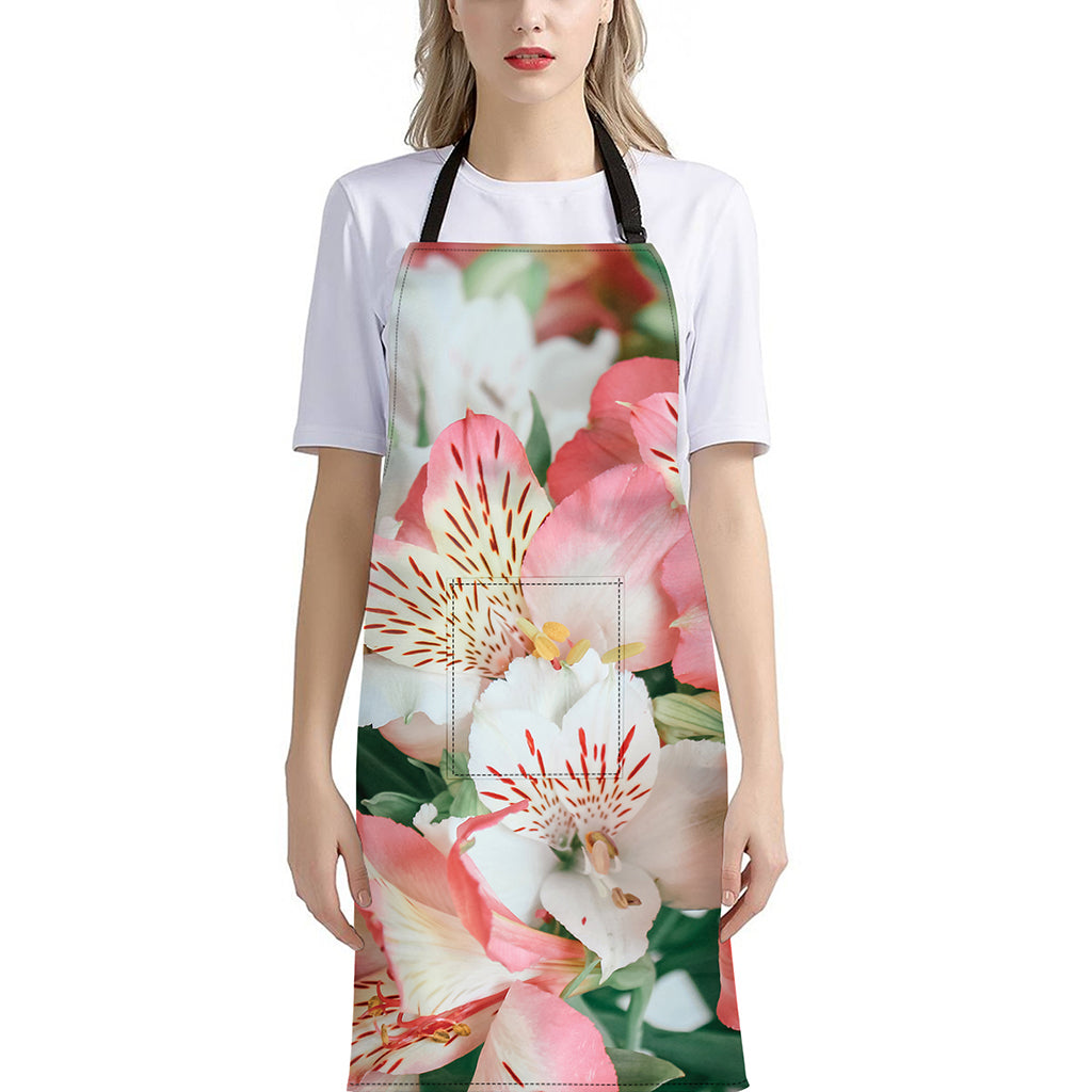 White And Pink Alstroemeria Print Bib Apron With Pocket
