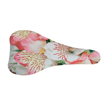 White And Pink Alstroemeria Print Bicycle Seat Cover
