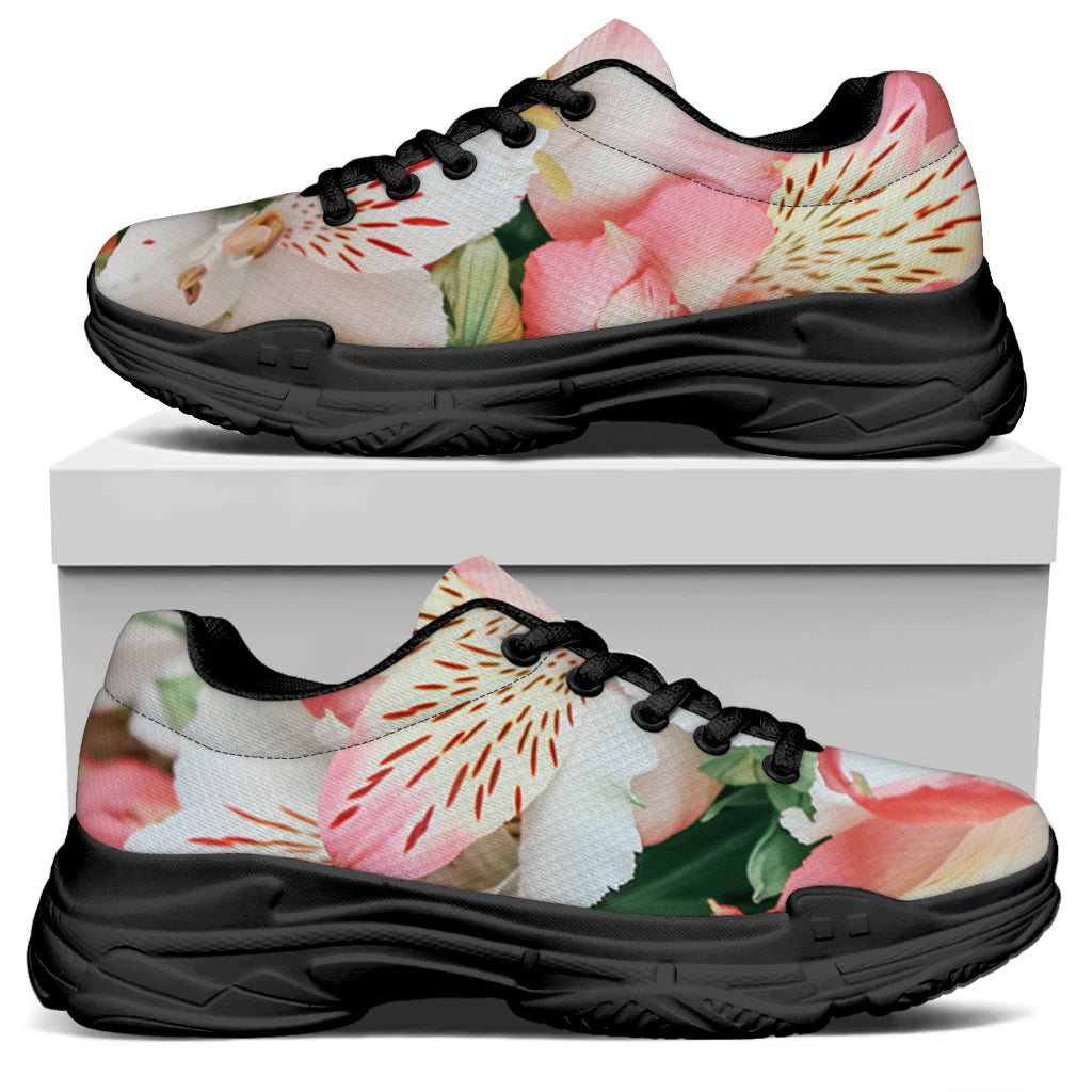 White And Pink Alstroemeria Print Black Chunky Shoes