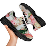 White And Pink Alstroemeria Print Black Chunky Shoes