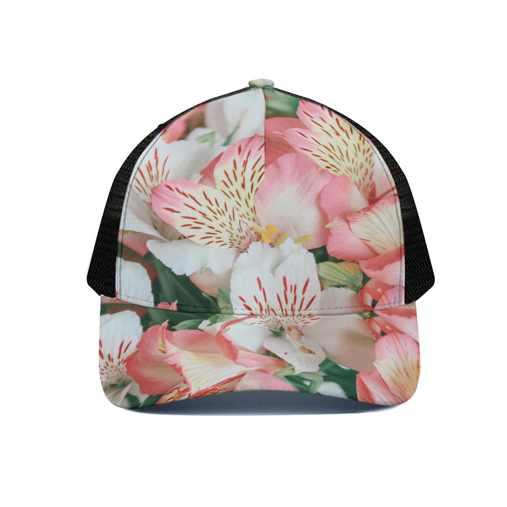 White And Pink Alstroemeria Print Black Mesh Trucker Cap