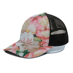 White And Pink Alstroemeria Print Black Mesh Trucker Cap