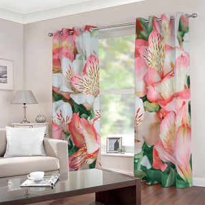 White And Pink Alstroemeria Print Blackout Grommet Curtains