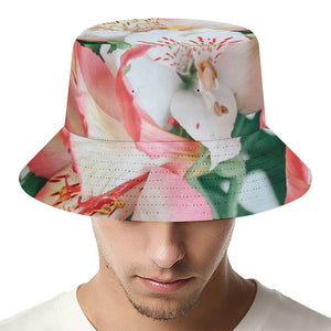 White And Pink Alstroemeria Print Bucket Hat