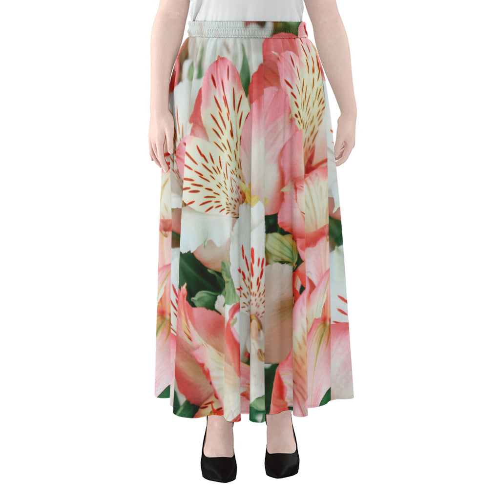 White And Pink Alstroemeria Print Chiffon Maxi Skirt