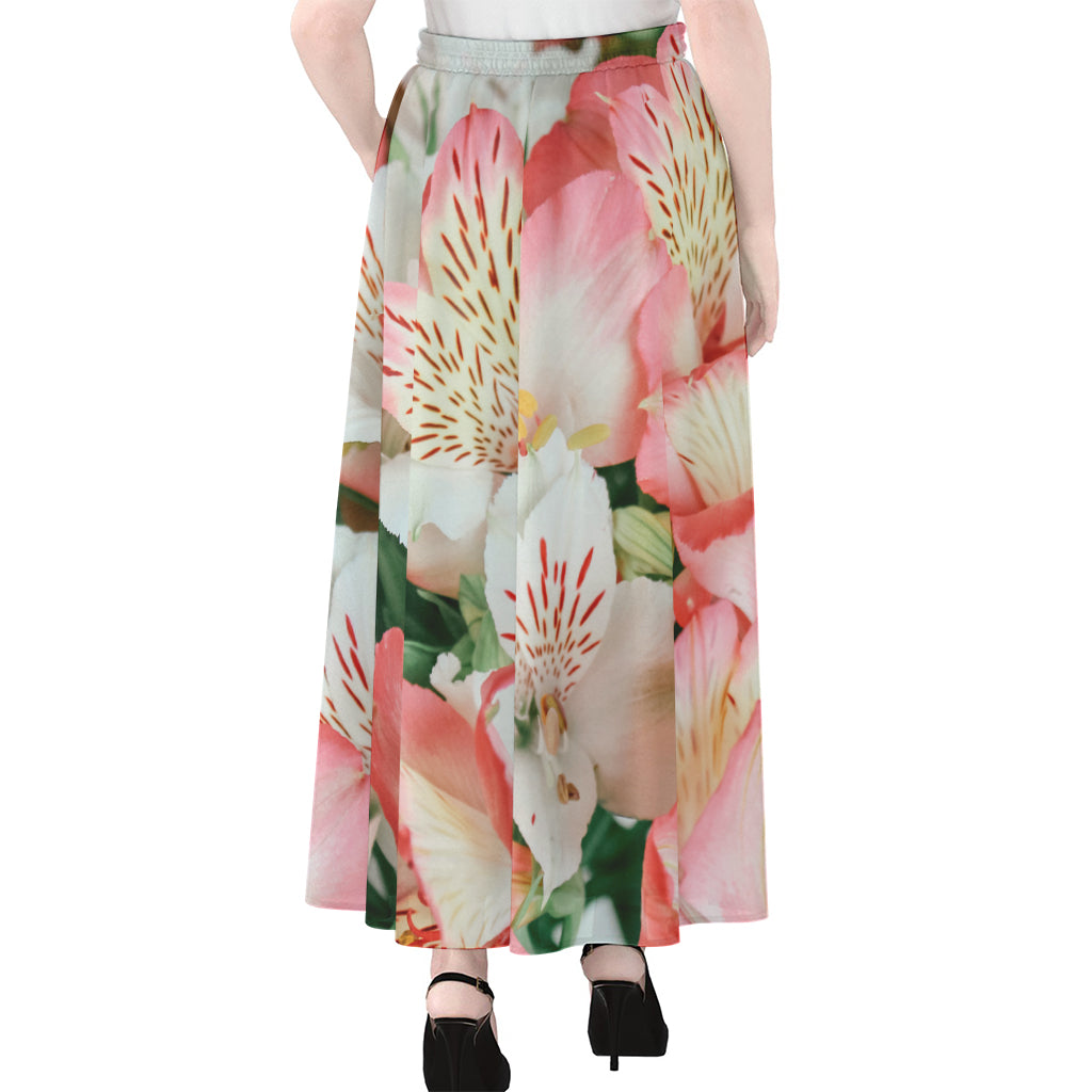 White And Pink Alstroemeria Print Chiffon Maxi Skirt