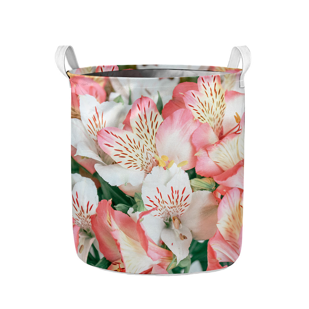 White And Pink Alstroemeria Print Collapsible Laundry Basket