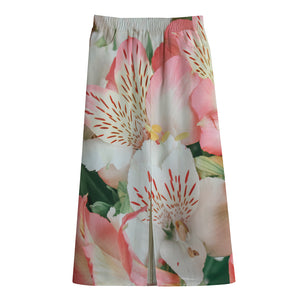 White And Pink Alstroemeria Print Cotton Front Slit Maxi Skirt