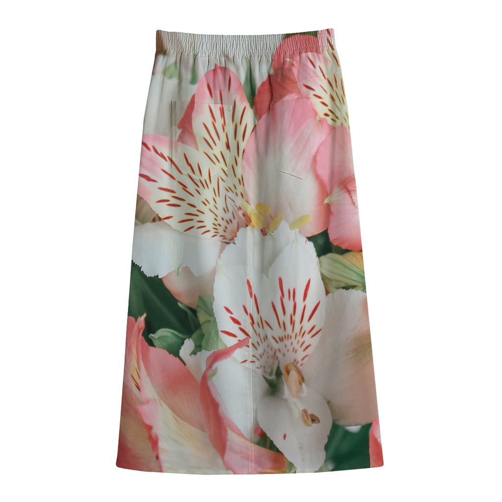 White And Pink Alstroemeria Print Cotton Front Slit Maxi Skirt