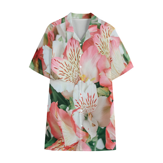 White And Pink Alstroemeria Print Cotton Hawaiian Shirt