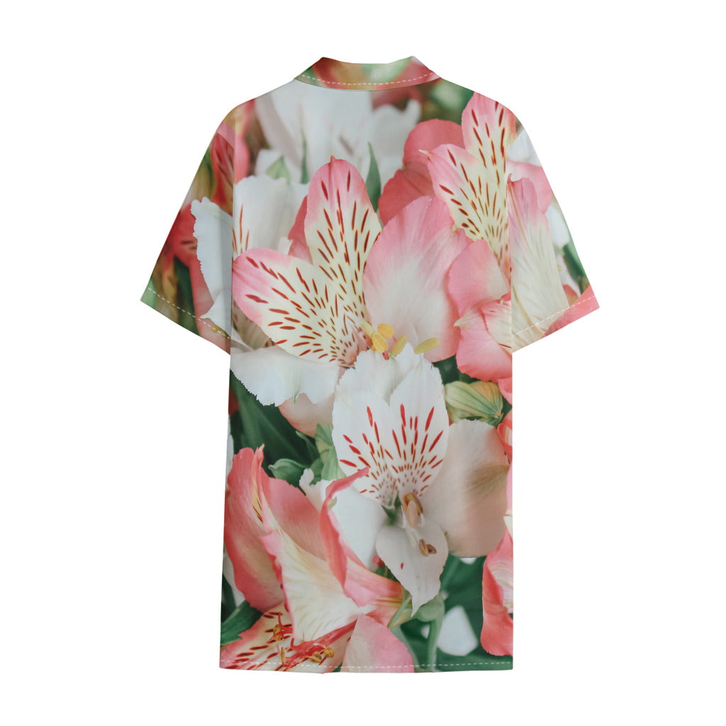 White And Pink Alstroemeria Print Cotton Hawaiian Shirt