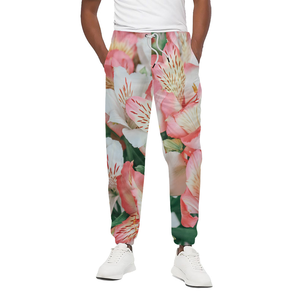 White And Pink Alstroemeria Print Cotton Pants