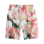 White And Pink Alstroemeria Print Cotton Shorts