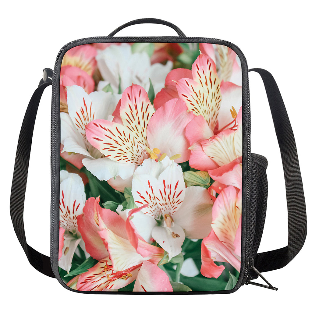 White And Pink Alstroemeria Print Crossbody Lunch Bag