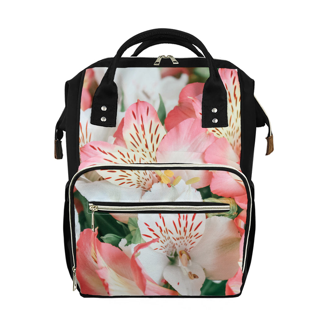 White And Pink Alstroemeria Print Diaper Bag