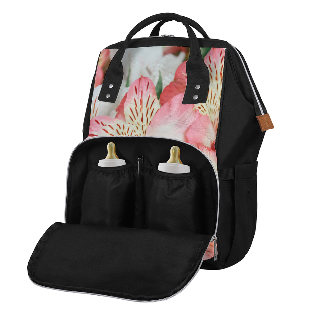 White And Pink Alstroemeria Print Diaper Bag