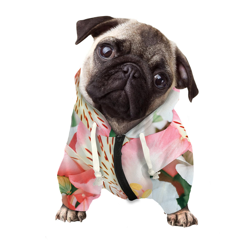 White And Pink Alstroemeria Print Dog Zip Up Hoodie