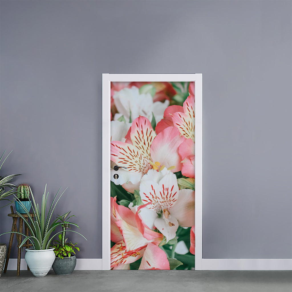 White And Pink Alstroemeria Print Door Sticker