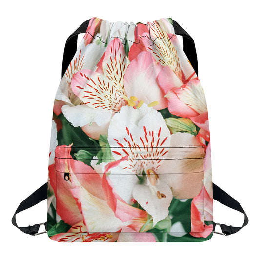 White And Pink Alstroemeria Print Drawstring Backpack