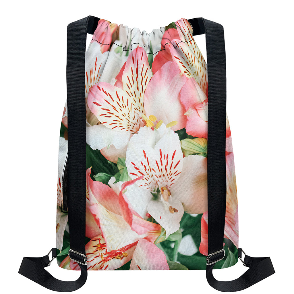 White And Pink Alstroemeria Print Drawstring Backpack