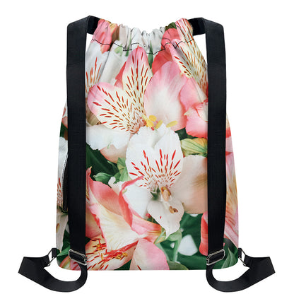 White And Pink Alstroemeria Print Drawstring Backpack