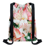 White And Pink Alstroemeria Print Drawstring Backpack