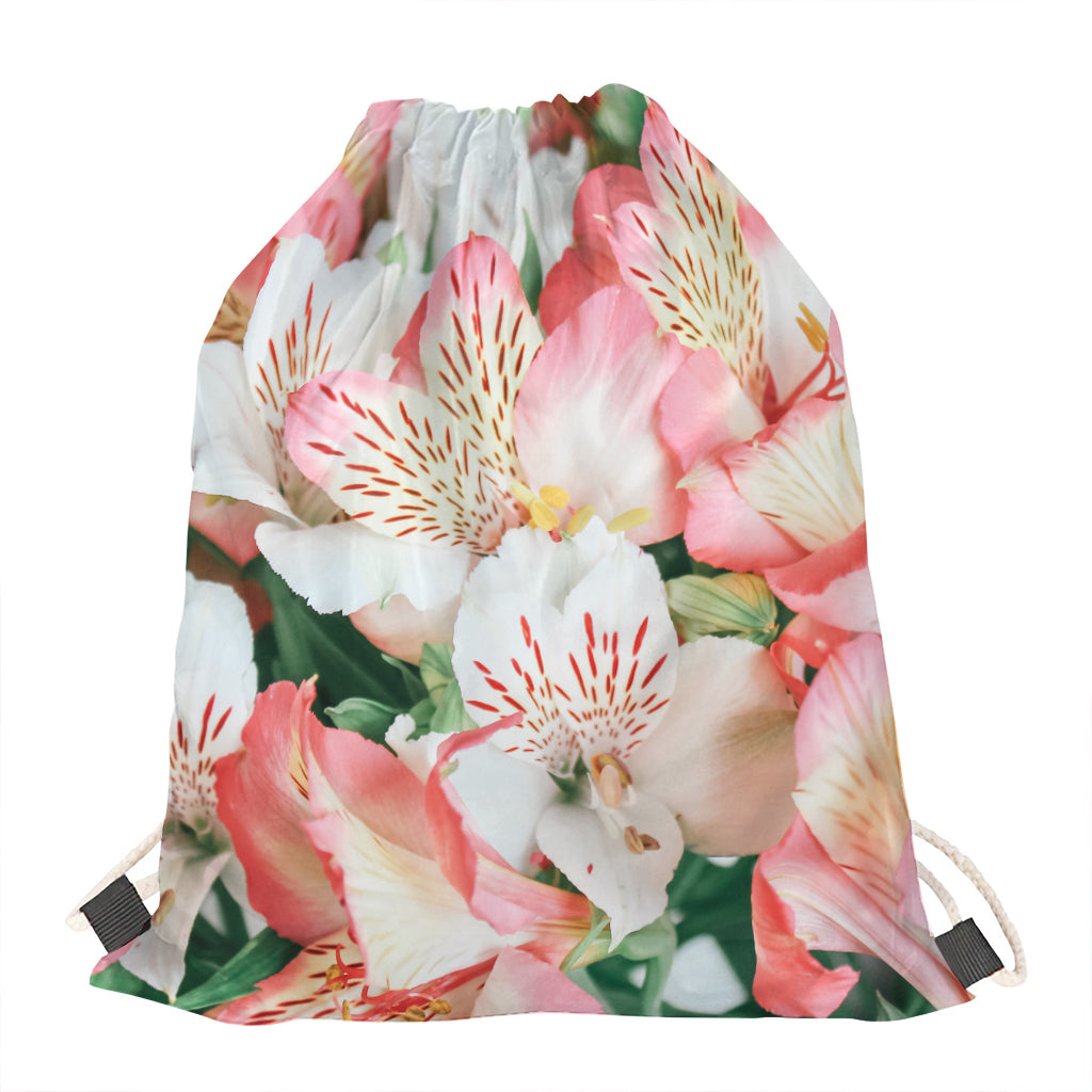 White And Pink Alstroemeria Print Drawstring Bag