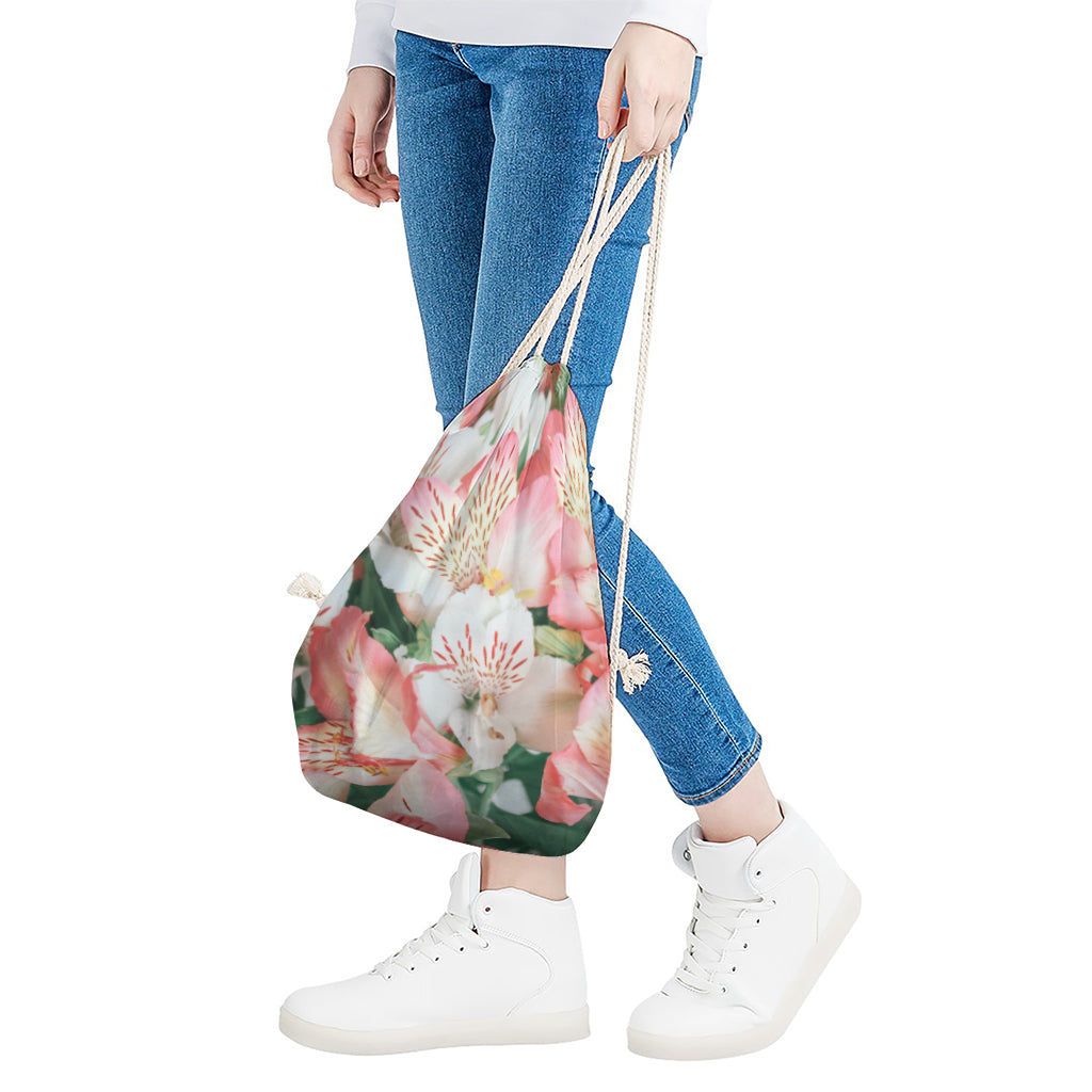 White And Pink Alstroemeria Print Drawstring Bag