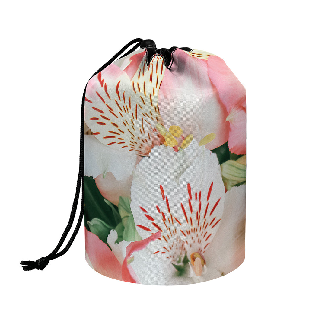 White And Pink Alstroemeria Print Drawstring Makeup Bag