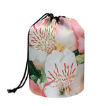 White And Pink Alstroemeria Print Drawstring Makeup Bag