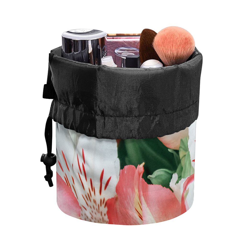White And Pink Alstroemeria Print Drawstring Makeup Bag