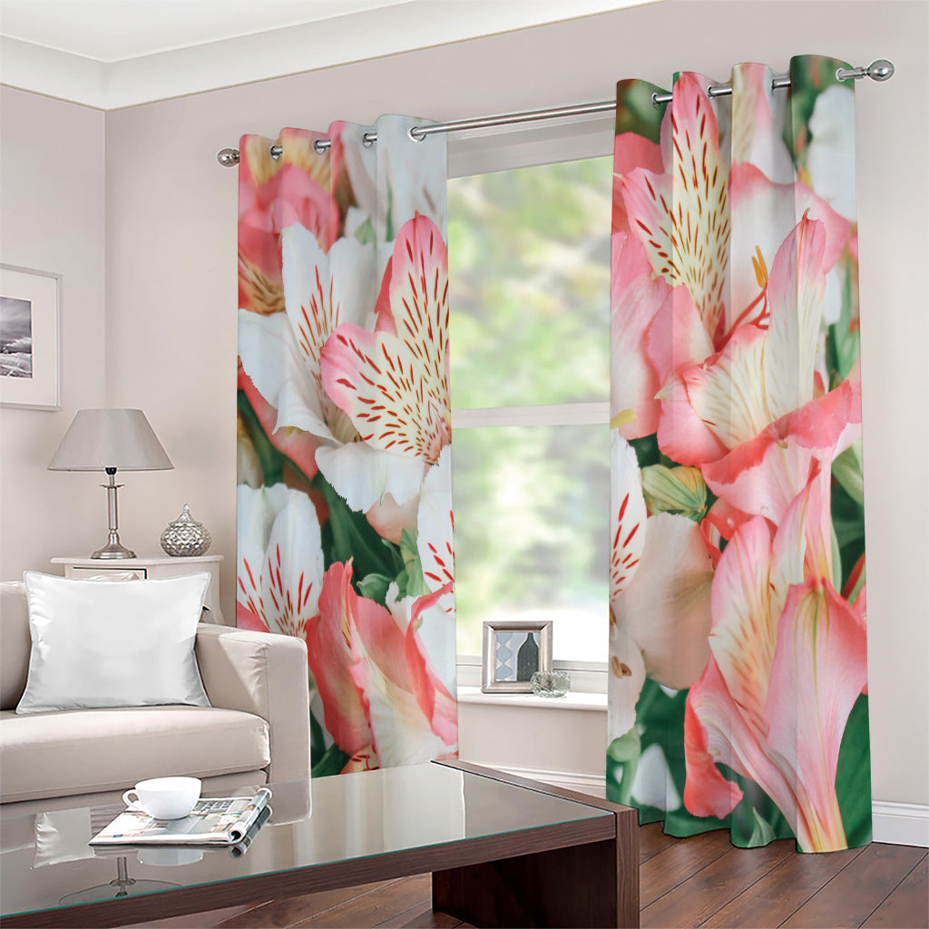 White And Pink Alstroemeria Print Extra Wide Grommet Curtains