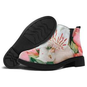 White And Pink Alstroemeria Print Flat Ankle Boots