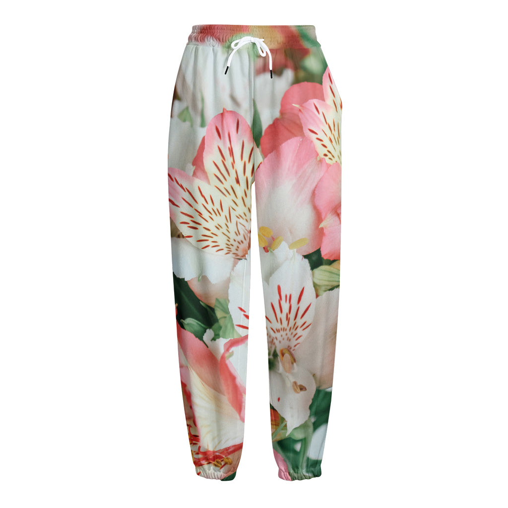 White And Pink Alstroemeria Print Fleece Lined Knit Pants