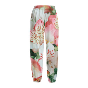 White And Pink Alstroemeria Print Fleece Lined Knit Pants