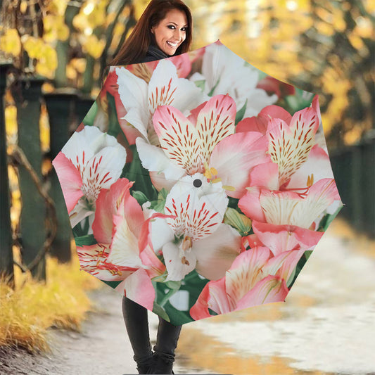 White And Pink Alstroemeria Print Foldable Umbrella