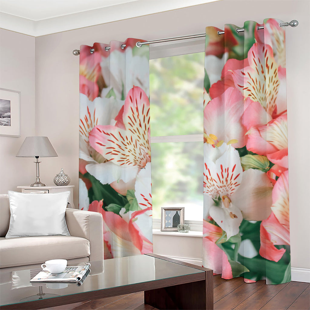 White And Pink Alstroemeria Print Grommet Curtains