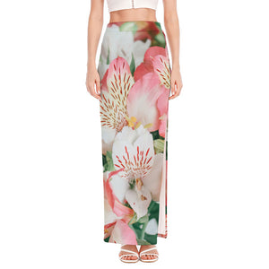 White And Pink Alstroemeria Print High Slit Maxi Skirt