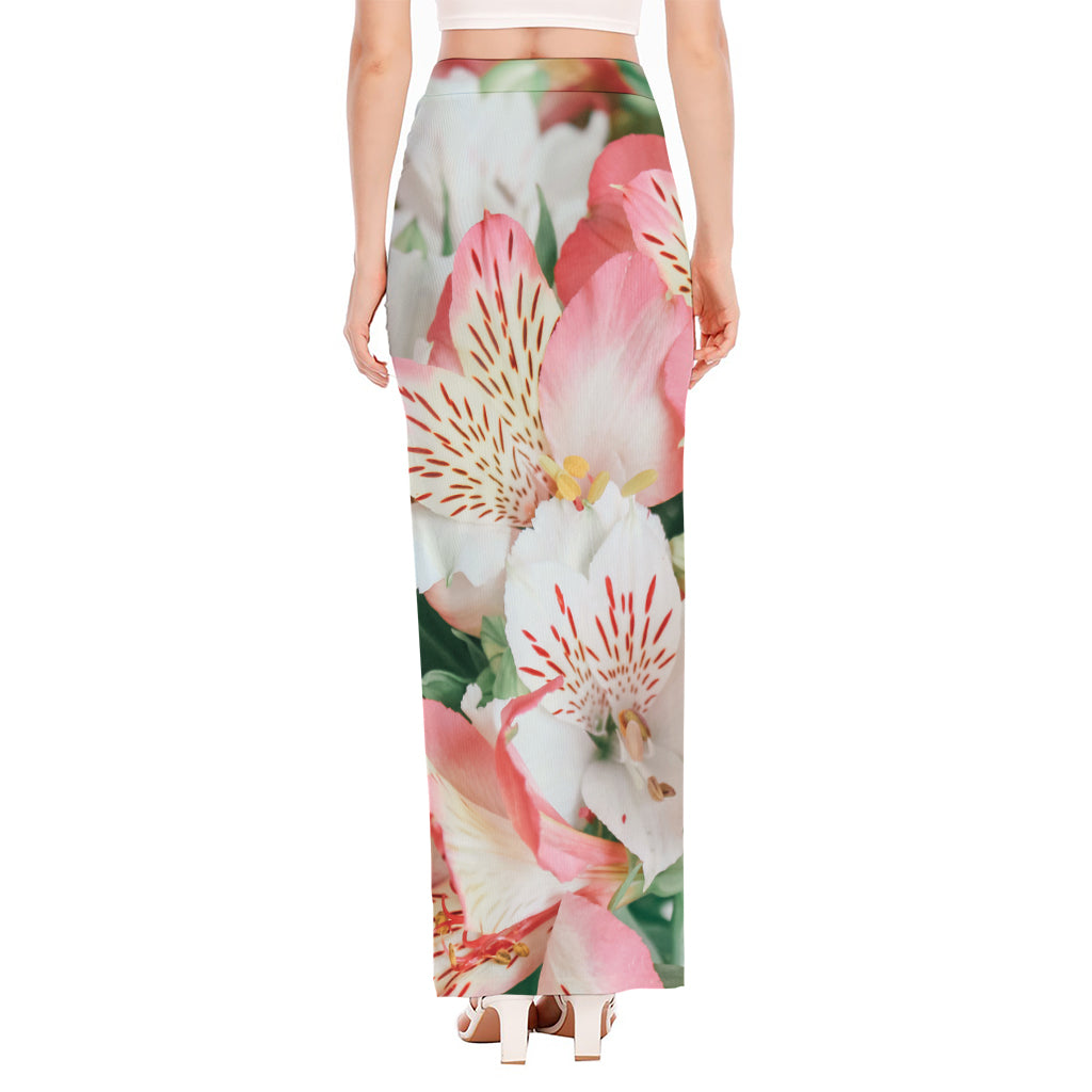 White And Pink Alstroemeria Print High Slit Maxi Skirt