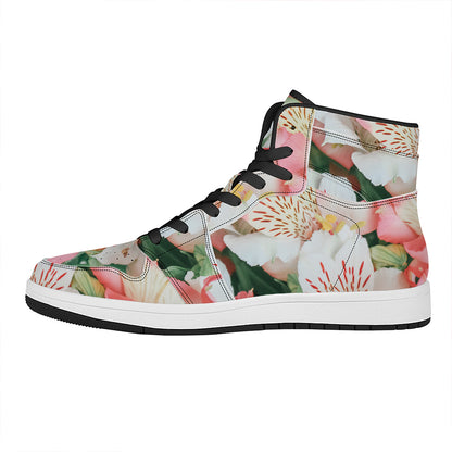 White And Pink Alstroemeria Print High Top Leather Sneakers