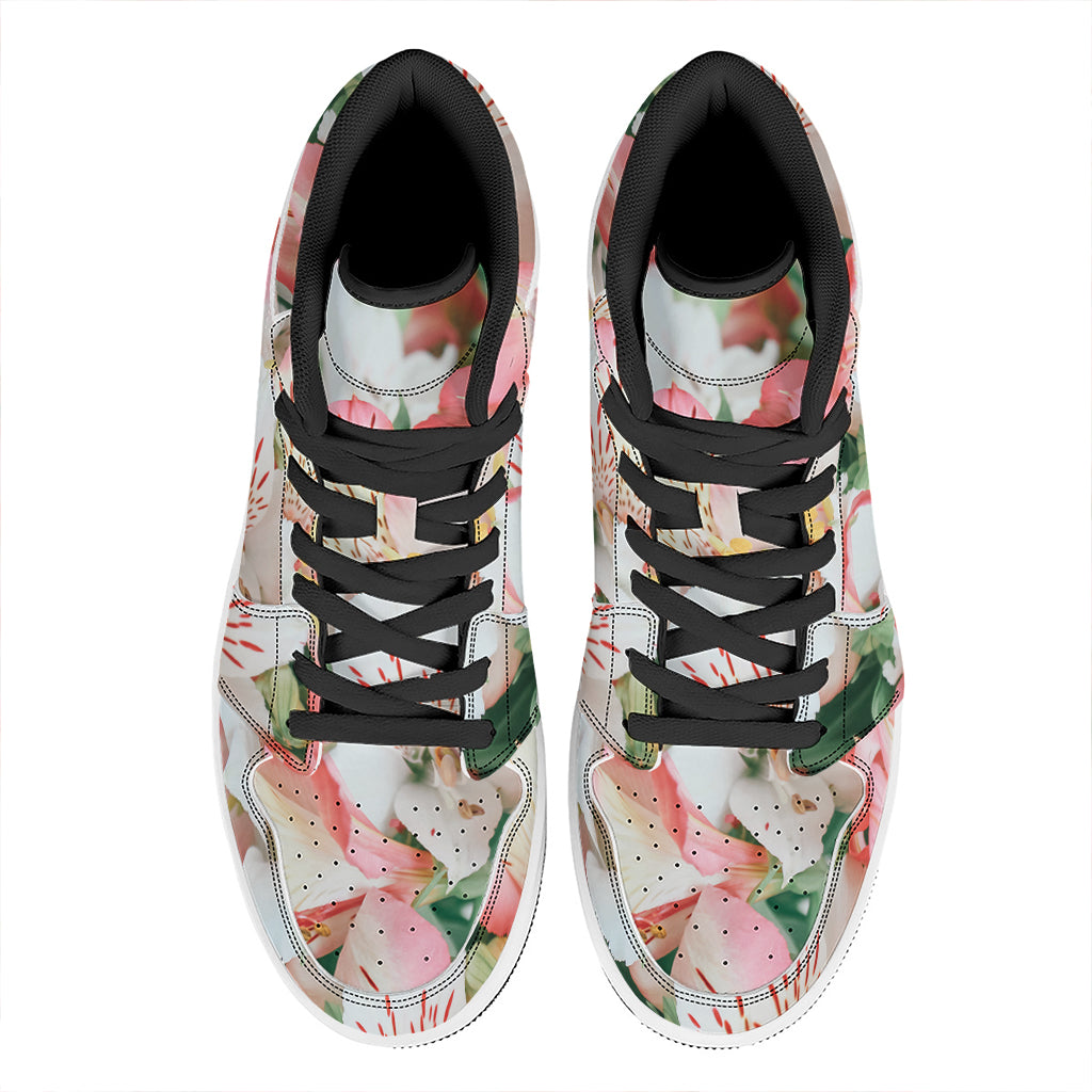 White And Pink Alstroemeria Print High Top Leather Sneakers