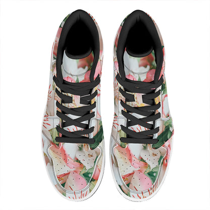 White And Pink Alstroemeria Print High Top Leather Sneakers