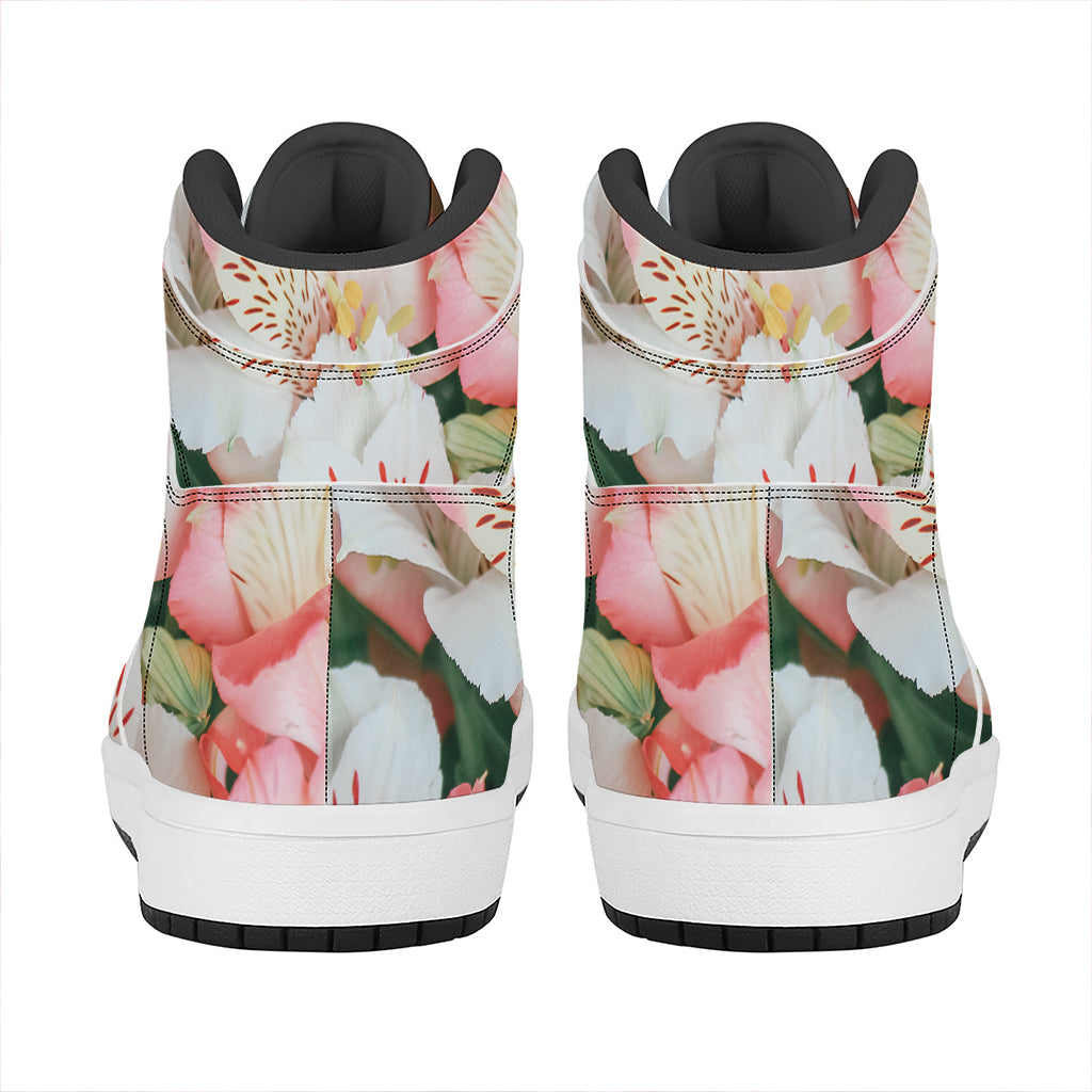 White And Pink Alstroemeria Print High Top Leather Sneakers