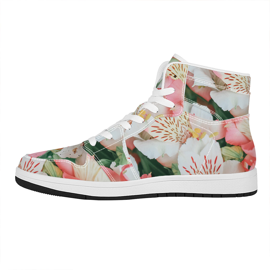 White And Pink Alstroemeria Print High Top Leather Sneakers