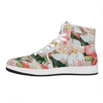White And Pink Alstroemeria Print High Top Leather Sneakers