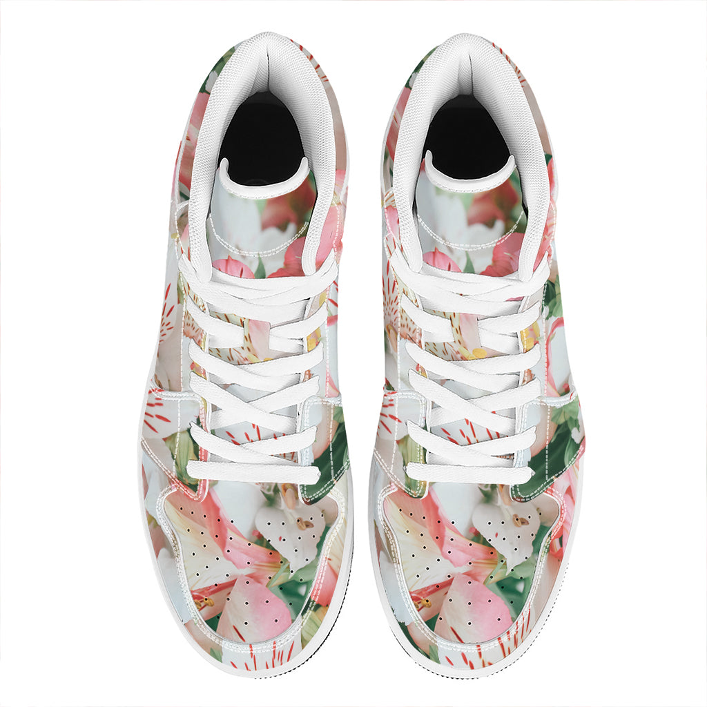 White And Pink Alstroemeria Print High Top Leather Sneakers