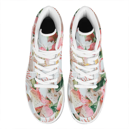 White And Pink Alstroemeria Print High Top Leather Sneakers