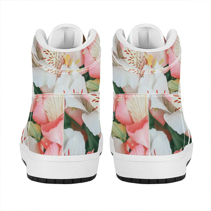 White And Pink Alstroemeria Print High Top Leather Sneakers