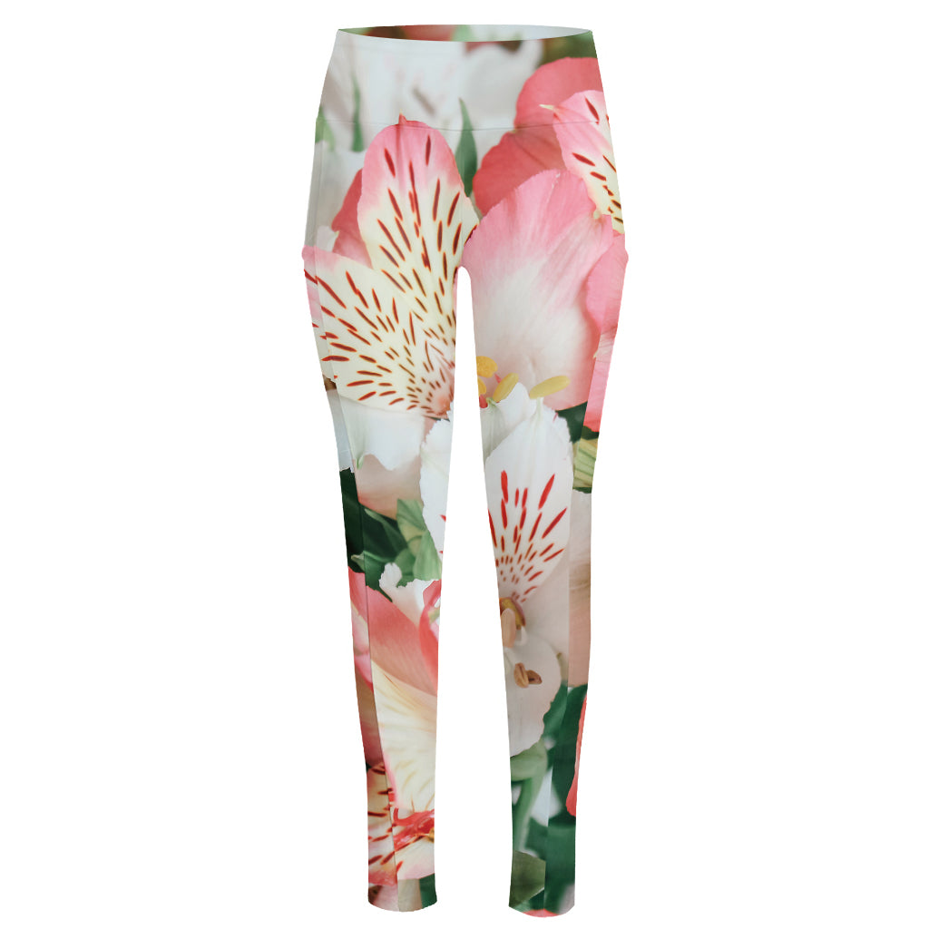 White And Pink Alstroemeria Print High-Waisted Pocket Leggings