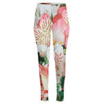 White And Pink Alstroemeria Print High-Waisted Pocket Leggings